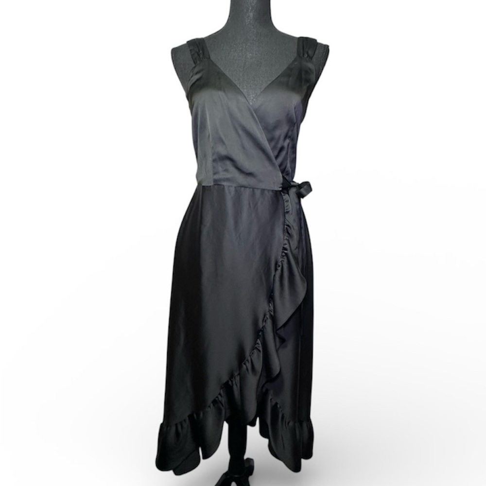 Satin Wrap Midi Dress Ruffle Asymmetrical Hem Elegant Party Cocktail Dress Sz M